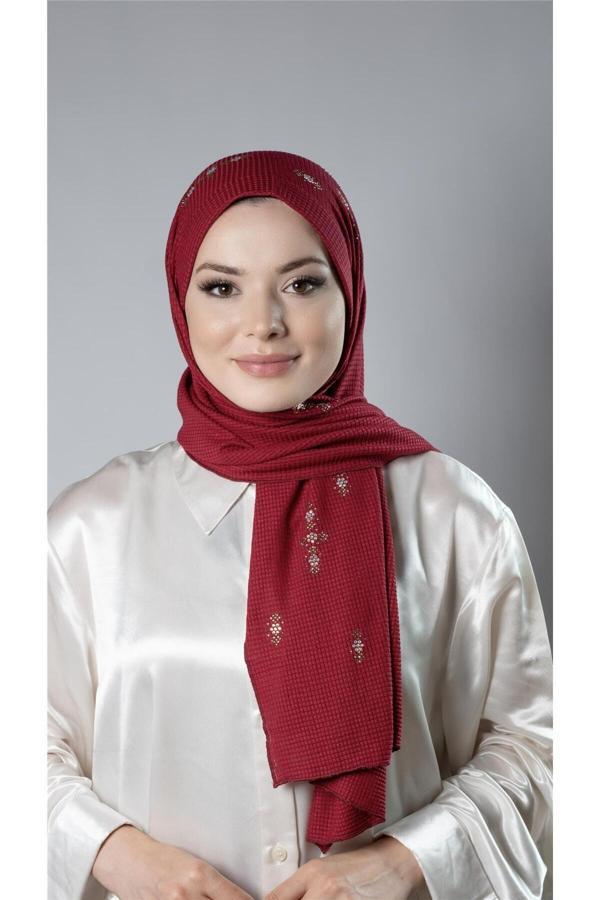 Hürrem Bone Bordo Pratik Hazır Geçmeli Tesettür Şal Örme Kumaş Taşlı Çiçek Desenli  2118C_16 - Image 1