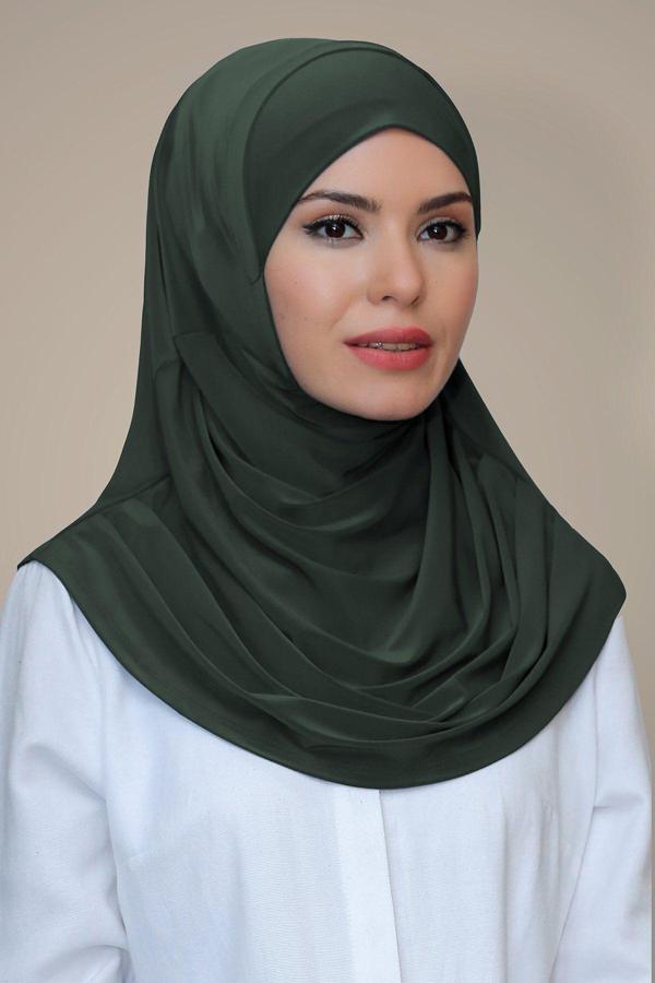 Hürrem Bone Haki Pratik Hazır Geçmeli Tesettür Eşarp Sandy Kumaş Kendinden Boneli 1290_09 - Image 1
