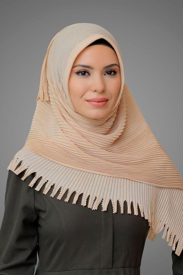 Hürrem Bone Bej Pratik Hazır Geçmeli Tesettür Eşarp Kesik Elyaf Piliseli Saçaklı Lazer Kesim 1818_12 - Image 1