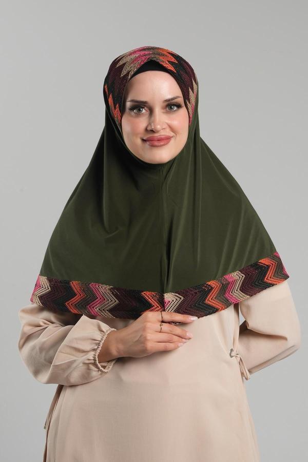 Hürrem Bone Haki Pratik Hazır Geçmeli Tesettür Eşarp Sandy Renkli Desenli Fileli 2401_09 - Image 1