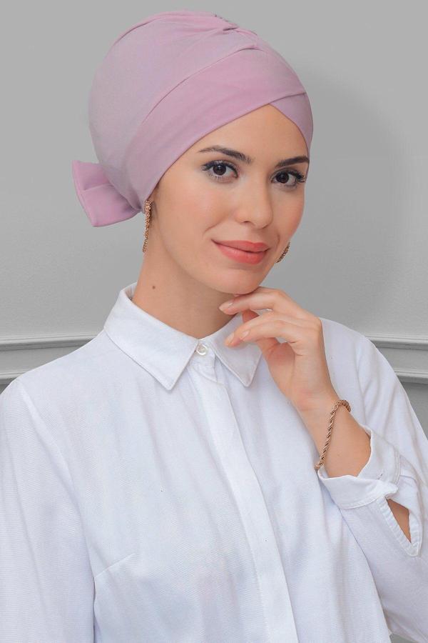 Hürrem Bone Pudra Pratik Hazır Geçmeli Tesettür Bone Sandy Kumaş Fiyonklu Çift Taraflı Tek Çapraz 1833_06 - Image 1