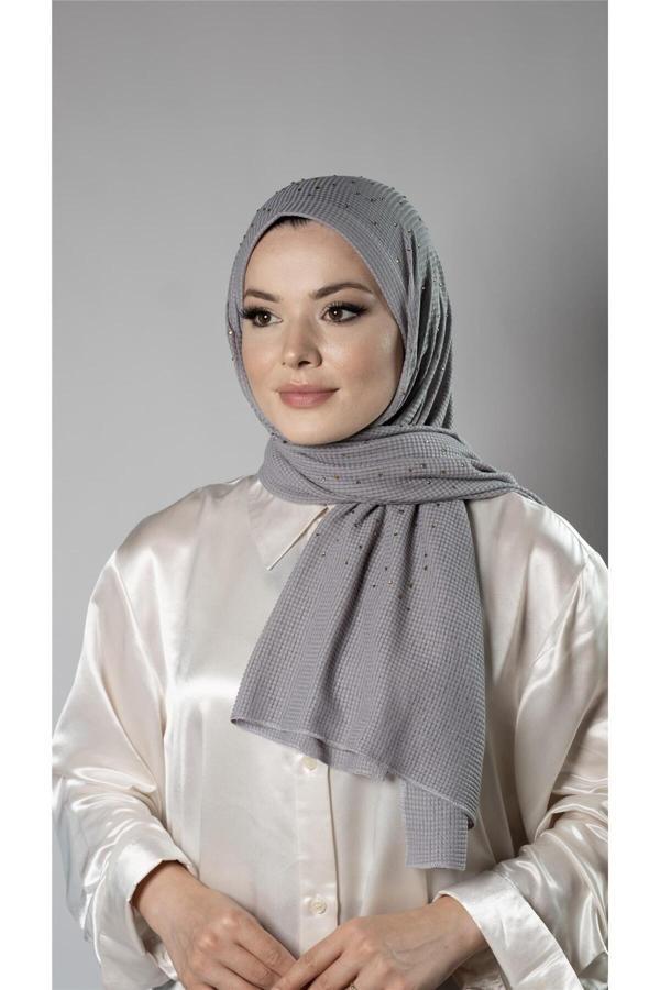 Hürrem Bone Gri Pratik Hazır Geçmeli Tesettür Şal Örme Kumaş Taş Desenli 2118T_15 - Image 1