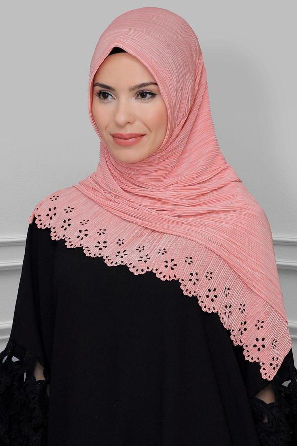Hürrem Bone Pudra Pratik Hazır Geçmeli Tesettür Eşarp Fukuro Piliseli Çiçek Desenli Lazer Kesim 1819_06 - Image 1