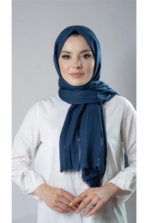 Hürrem Bone Petrol Mavisi Çizgili Şal Viskon Kumaş Bursa Dolama 202110_17 - Image 1