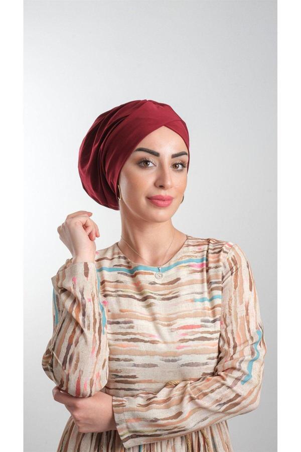 Hürrem Bone Bordo Pratik Hazır Geçmeli Tesettür Bone Sandy Kumaş Büzgülü 2114_16 - Image 1