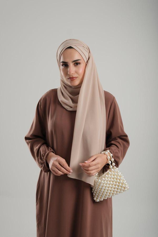 Hürrem Bone Bej Pratik Hazır Geçmeli Bone Şal Şifon Geçmeli İki Bantlı Çapraz 1460_12 - Image 1