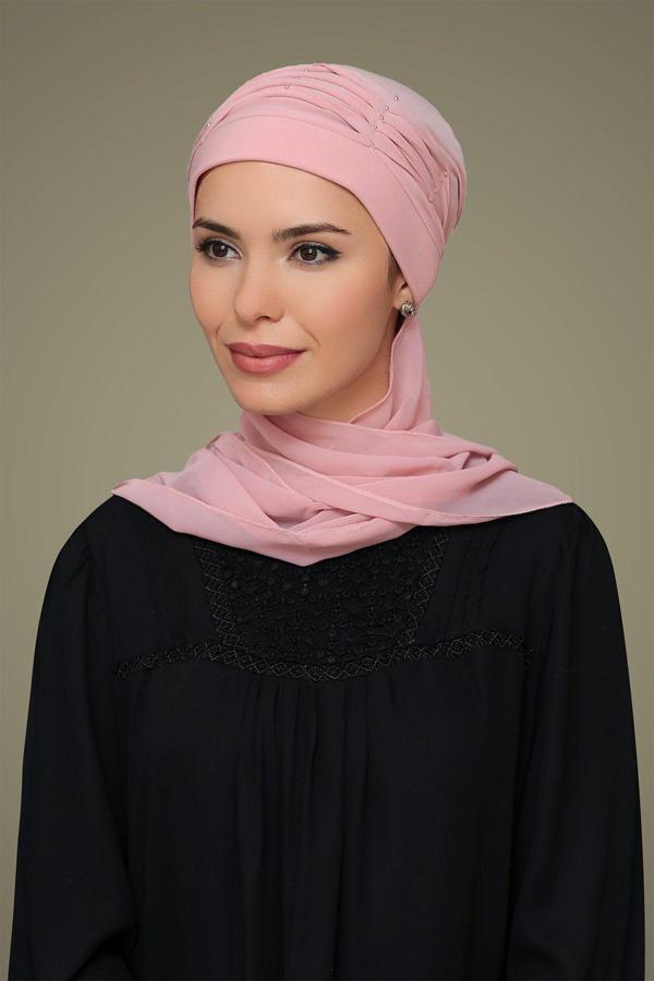 Hürrem Bone Pudra Pratik Hazır Geçmeli Tesettür Bone Sandy Kumaş Incili Nervürlü Güllü Atkılı 1805A_06 - Image 1
