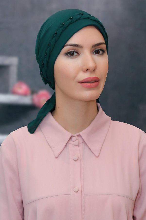 Hürrem Bone Zümrüt Pratik Hazır Geçmeli Tesettür Bone Sandy Kumaş Örgülü Güllü 1203_37 - Image 1