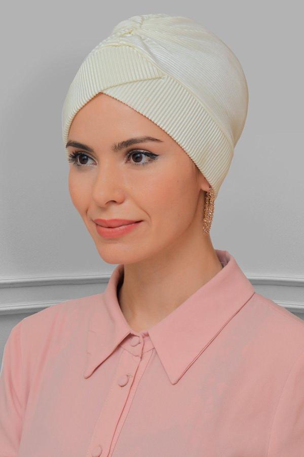 Hürrem Bone Krem Pratik Hazır Geçmeli Tesettür Bone Fukuro Piliseli Çapraz Büzgülü 1822_40 - Image 1