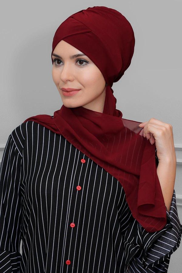 Hürrem Bone Bordo Pratik Hazır Geçmeli Tesettür Bone Sandy Kumaş Çapraz Büzgülü Şifon Atkılı 1801A_16 - Image 1