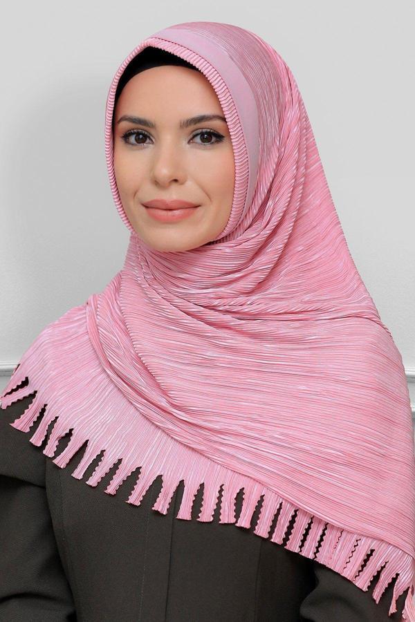 Hürrem Bone Pudra Pratik Hazır Geçmeli Tesettür Eşarp Fukuro Piliseli Saçaklı Lazer Kesim 1820_06 - Image 1