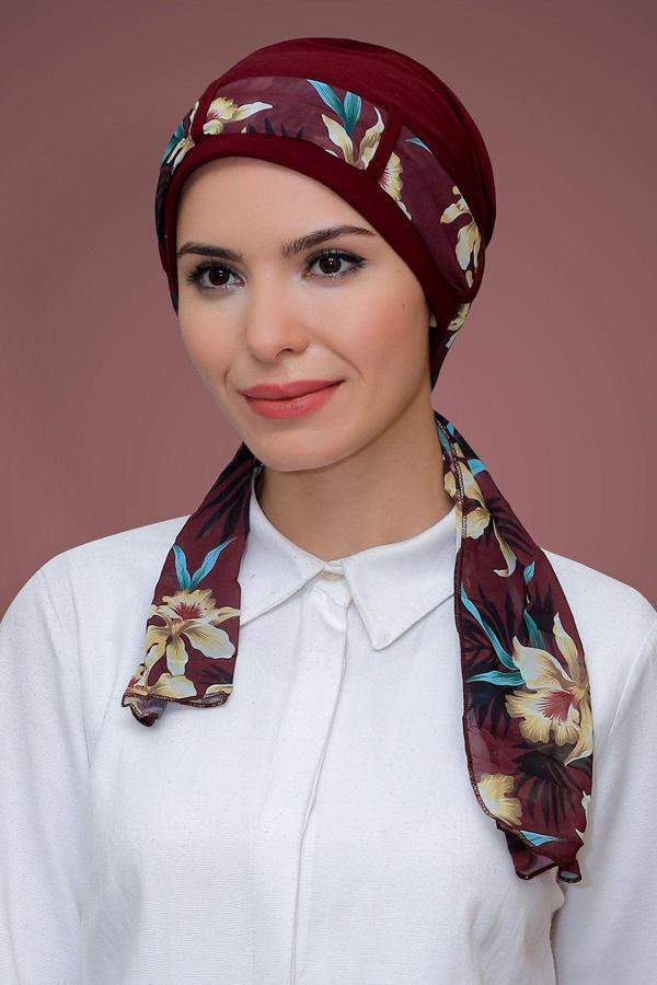 Hürrem Bone Bordo Pratik Hazır Geçmeli Tesettür Bone Sandy Kumaş Desenli Şifon Kemerli 1205D_16 - Image 1
