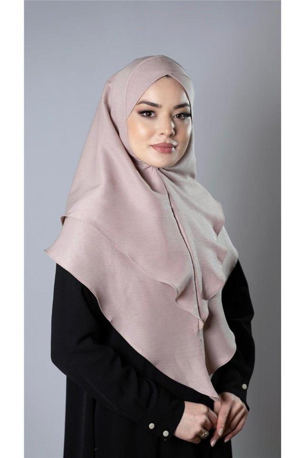 Hürrem Bone Bej Pratik Hazır Geçmeli Tesettür Eşarp Pamuk Caz Kumaş Çift Katlı Çapraz Hijab 2304_12 - Image 1