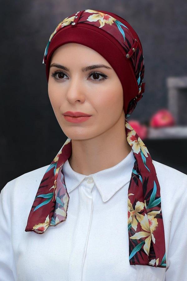 Hürrem Bone Bordo Pratik Hazır Geçmeli Tesettür Bone Sandy Kumaş Desenli Şifon Kemerli 1305D_16 - Image 1