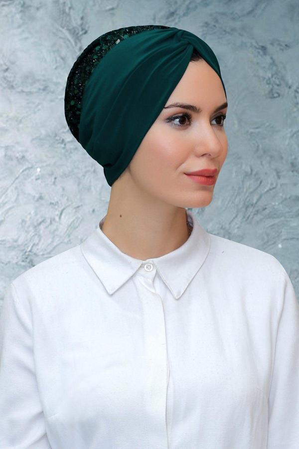Hürrem Bone Zümrüt Pratik Hazır Geçmeli Tesettür Bone Sandy Kumaş Pullu Büzgülü 1906_37 - Image 1