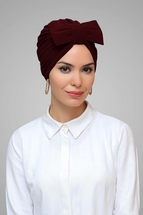 Hürrem Bone Bordo Pratik Hazır Geçmeli Tesettür Bone Sandy Kumaş Fiyonklu Büzgülü 7006_16 - Image 1