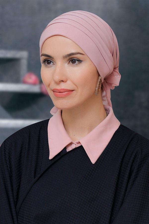 Hürrem Bone Pudra Pratik Hazır Geçmeli Tesettür Bone Sandy Kumaş Pileli Nervürlü Güllü 1806_06 - Image 1