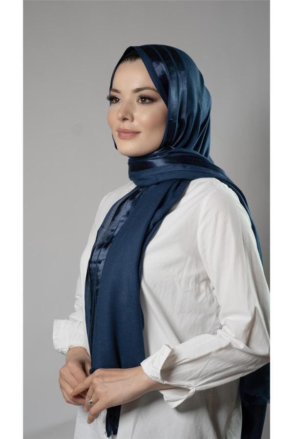 Hürrem Bone Petrol Mavisi Şerit Çizgili Şal Viskon Kumaş Bursa Dolama 202109_17 - Image 1