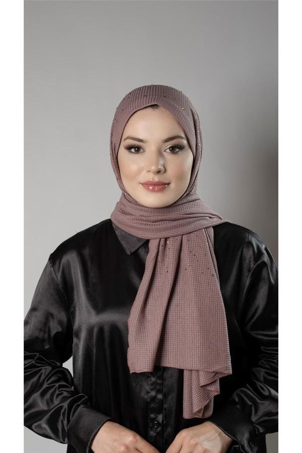 Hürrem Bone Gül Kurusu Pratik Hazır Geçmeli Tesettür Şal Örme Kumaş Taş Desenli 2118T_18 - Image 1