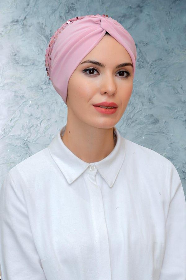 Hürrem Bone Pudra Pratik Hazır Geçmeli Tesettür Bone Sandy Kumaş Pullu Büzgülü 1906_06 - Image 1