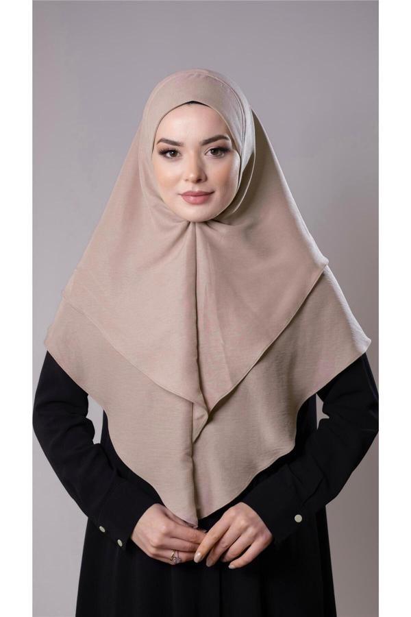 Hürrem Bone Bej Pratik Hazır Geçmeli Tesettür Eşarp Pamuk Caz Kumaş Çift Katlı Düz Hijab 2303_12 - Image 1