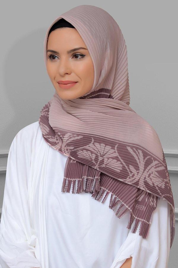 Hürrem Bone Pudra Pratik Hazır Geçmeli Tesettür Eşarp Kesik Elyaf Piliseli Çiçek Desenli 1818D3_06 - Image 1