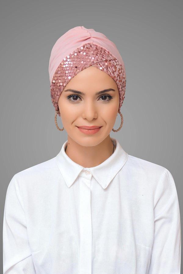 Hürrem Bone Pudra Pratik Hazır Geçmeli Tesettür Bone Sandy Kumaş Pullu Tek Çapraz 1907_06 - Image 1