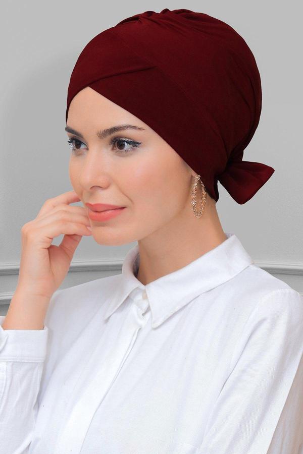 Hürrem Bone Bordo Pratik Hazır Geçmeli Tesettür Bone Sandy Kumaş Fiyonklu Çift Taraflı Tek Çapraz 1833_16 - Image 1
