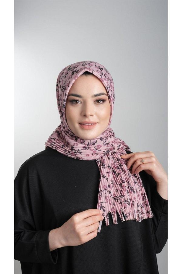 Hürrem Bone Pudra Pratik Hazır Geçmeli Tesettür Eşarp Kesik Elyaf Piliseli Çiçek Desenli 1818D7_06 - Image 1