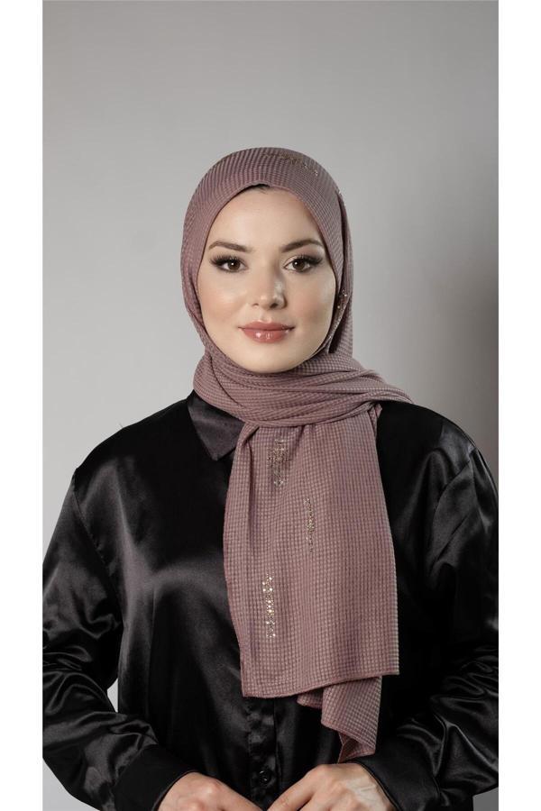 Hürrem Bone Gül Kurusu Pratik Hazır Geçmeli Tesettür Şal Örme Kumaş Taşlı Yıldız Desenli  2118Y_18 - Image 1