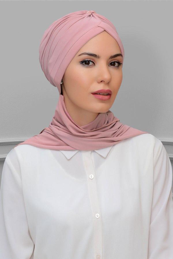 Hürrem Bone Pudra Pratik Hazır Geçmeli Tesettür Bone Sandy Kumaş Taçlı Büzgülü Şifon Atkılı 1208A_06 - Image 1