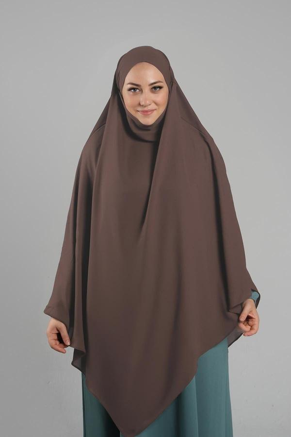 Hürrem Bone Kahve Pratik Hazır Geçmeli Tesettür Eşarp Krep Bağcıklı Sufle Hijab 2313_14 - Image 1