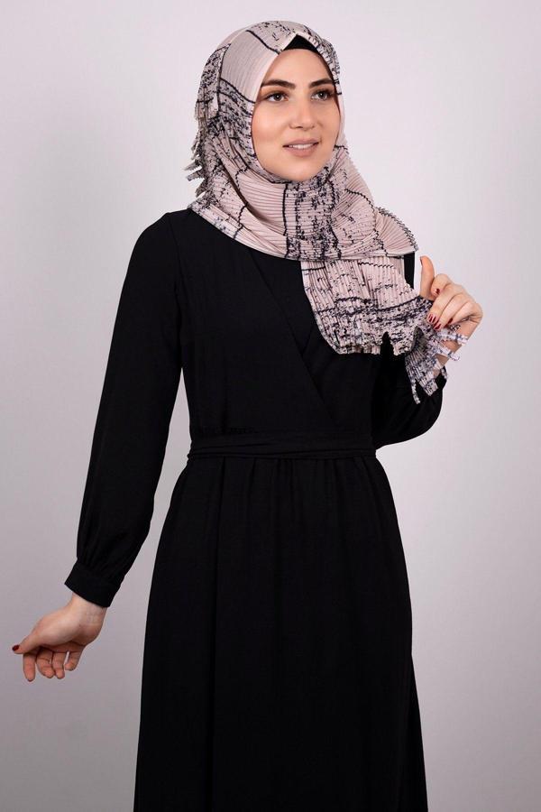 Hürrem Bone Pudra Pratik Hazır Geçmeli Tesettür Eşarp Kesik Elyaf Piliseli Çizgili Desenli 1818D2_06 - Image 1