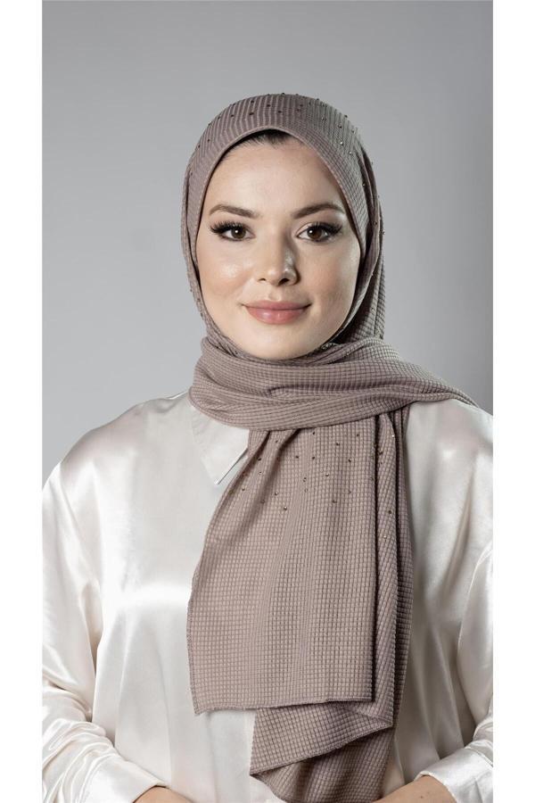 Hürrem Bone Koyu Vizon Pratik Hazır Geçmeli Tesettür Şal Örme Kumaş Taş Desenli 2118T_38 - Image 1