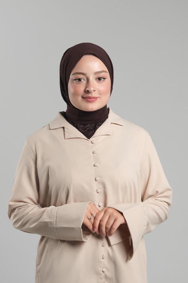 Hürrem Bone Kahve Pratik Hazır Geçmeli Tesettür Eşarp Sandy Arkadan Çıtçıtlı Piliseli Hijab 2406_14 - Image 1