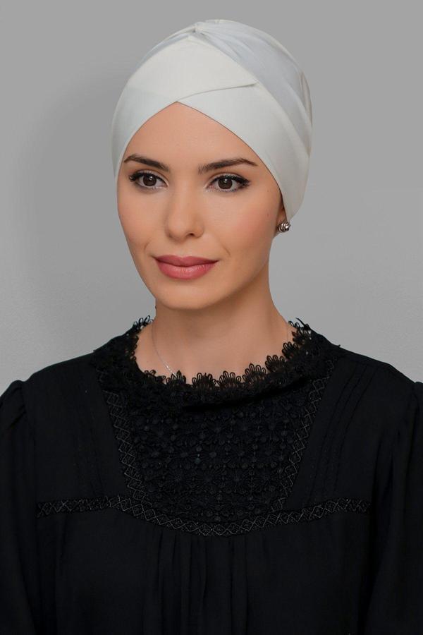 Hürrem Bone Krem Pratik Hazır Geçmeli Tesettür Bone Sandy Kumaş Çapraz Büzgülü 1801_40 - Image 1
