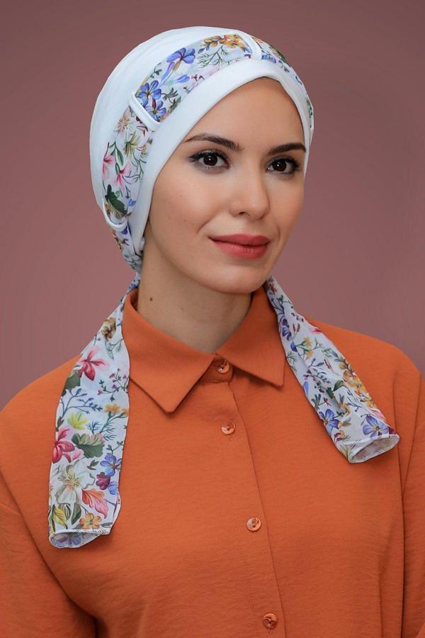 Hürrem Bone Krem Pratik Hazır Geçmeli Tesettür Bone Sandy Kumaş Desenli Şifon Kemerli 1205D_40 - Image 1