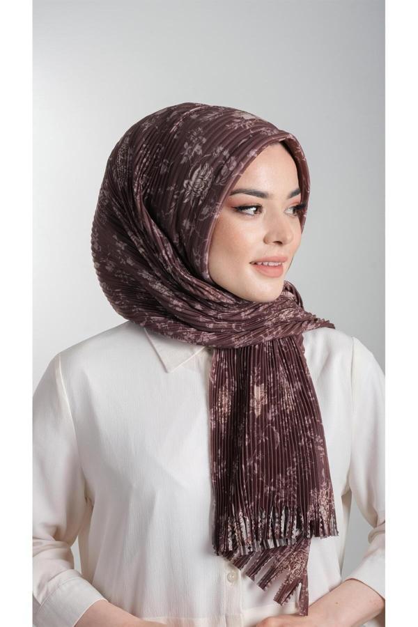 Hürrem Bone Kahverengi Pratik Hazır Geçmeli Tesettür Eşarp Kesik Elyaf Piliseli Çiçek Desenli 1818D6_14 - Image 1