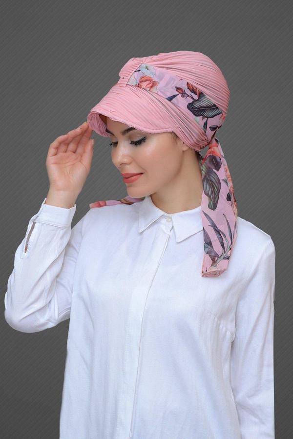 Hürrem Bone Pudra Şapkalı Tesettür Bone Kesik Elyaf Desenli Şifon Kemerli 1902_06 - Image 1