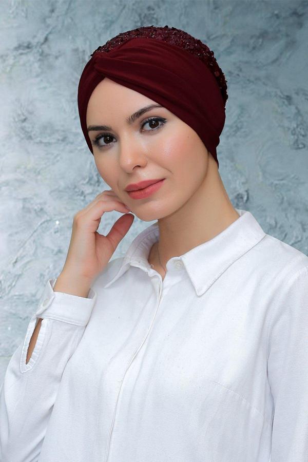 Hürrem Bone Bordo Pratik Hazır Geçmeli Tesettür Bone Sandy Kumaş Pullu Büzgülü 1906_16 - Image 1