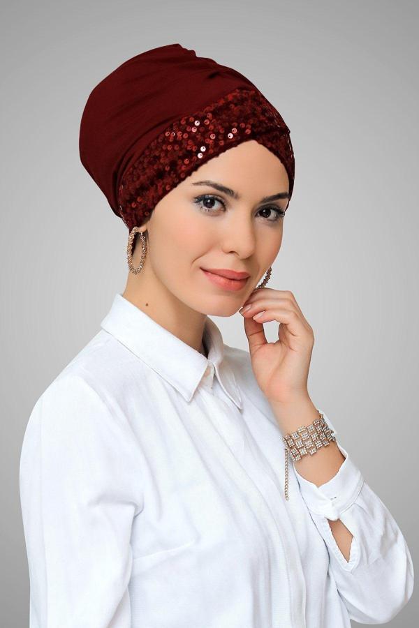 Hürrem Bone Bordo Pratik Hazır Geçmeli Tesettür Bone Sandy Kumaş Pullu Tek Çapraz 1907_16 - Image 1