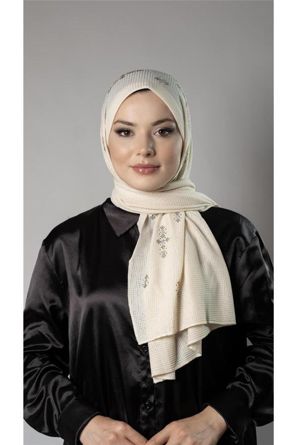 Hürrem Bone Krem Pratik Hazır Geçmeli Tesettür Şal Örme Kumaş Taşlı Çiçek Desenli  2118C_40 - Image 1