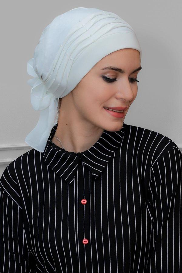 Hürrem Bone Krem Pratik Hazır Geçmeli Tesettür Bone Sandy Kumaş Incili Pileli Nervürlü Güllü 1805_40 - Image 1