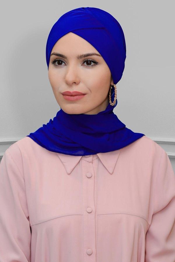 Hürrem Bone Saks M. Pratik Hazır Geçmeli Tesettür Bone Sandy Kumaş Çapraz Büzgülü Şifon Atkılı 1801A_24 - Image 1