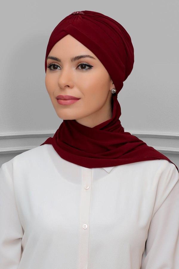 Hürrem Bone Bordo Pratik Hazır Geçmeli Tesettür Bone Sandy Kumaş Taçlı Büzgülü Şifon Atkılı 1208A_16 - Image 1