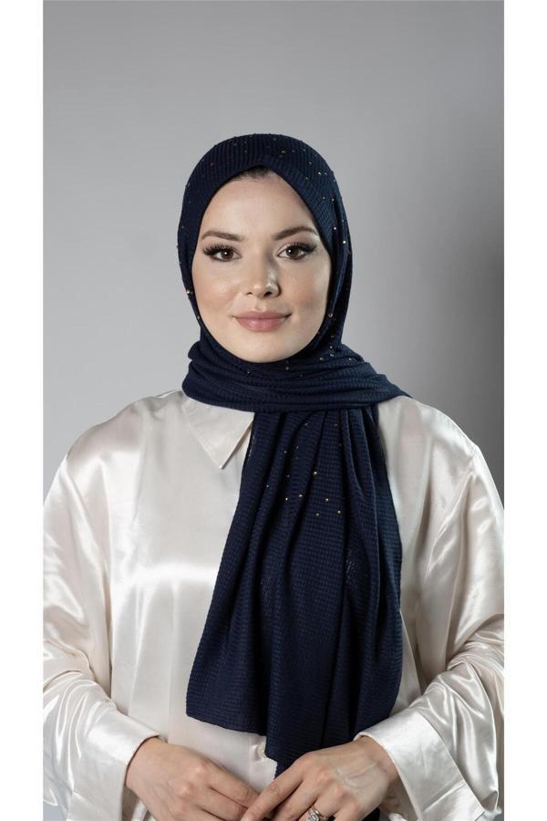 Hürrem Bone Lacivert Pratik Hazır Geçmeli Tesettür Şal Örme Kumaş Taş Desenli 2118T_02 - Image 1