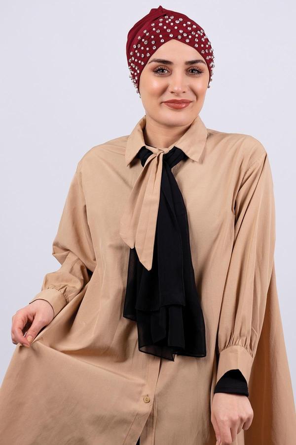 Hürrem Bone Bordo Pratik Hazır Geçmeli Tesettür Bone Sandy Kumaş Taşlı 1456_16 - Image 1
