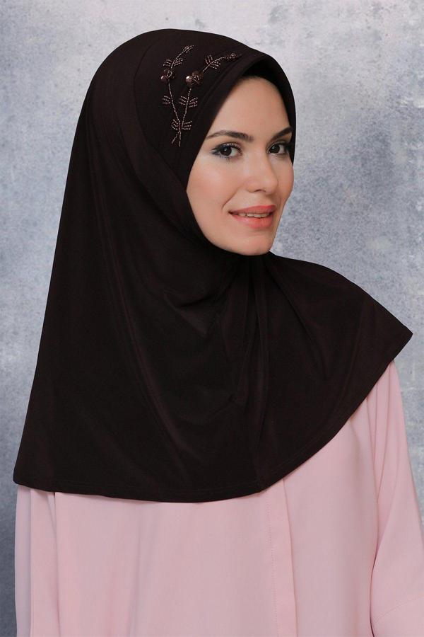 Hürrem Bone Kahverengi Pratik Hazır Geçmeli Tesettür Eşarp Sandy Kumaş Elişi Çiçek Işlemeli Pullu 1604_14 - Image 1