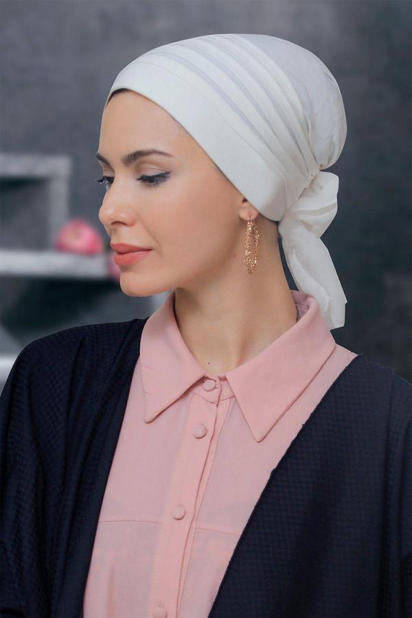 Hürrem Bone Krem Pratik Hazır Geçmeli Tesettür Bone Sandy Kumaş Pileli Nervürlü Güllü 1806_40 - Image 1