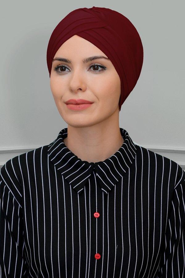 Hürrem Bone Bordo Pratik Hazır Geçmeli Tesettür Bone Sandy Kumaş Üç Çapraz 1803_16 - Image 1